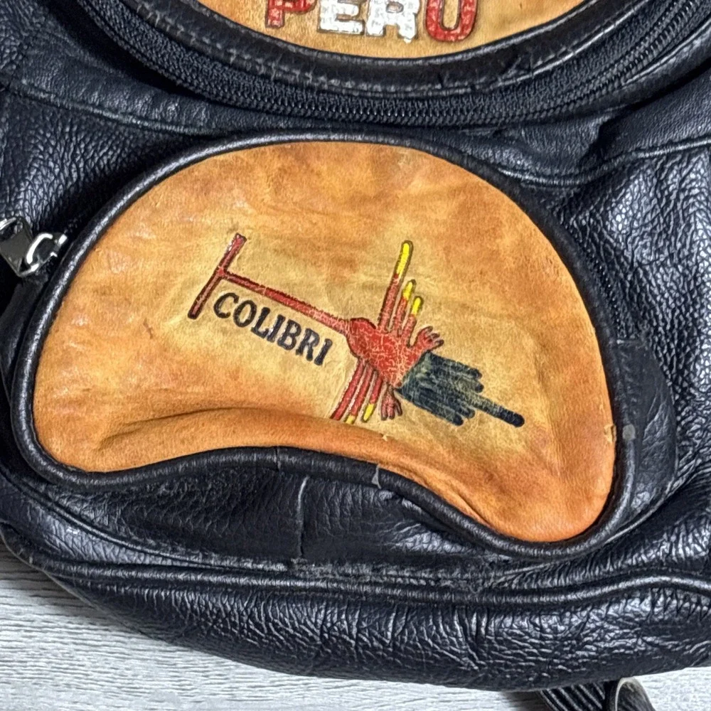 Vintage Peru Leather Backpack Hand Painted Condor Inca‎ Symbols Small Daypack